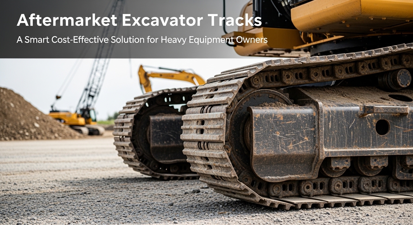Aftermarket excavator tracks installed on a heavy-duty excavator for improved traction and durability